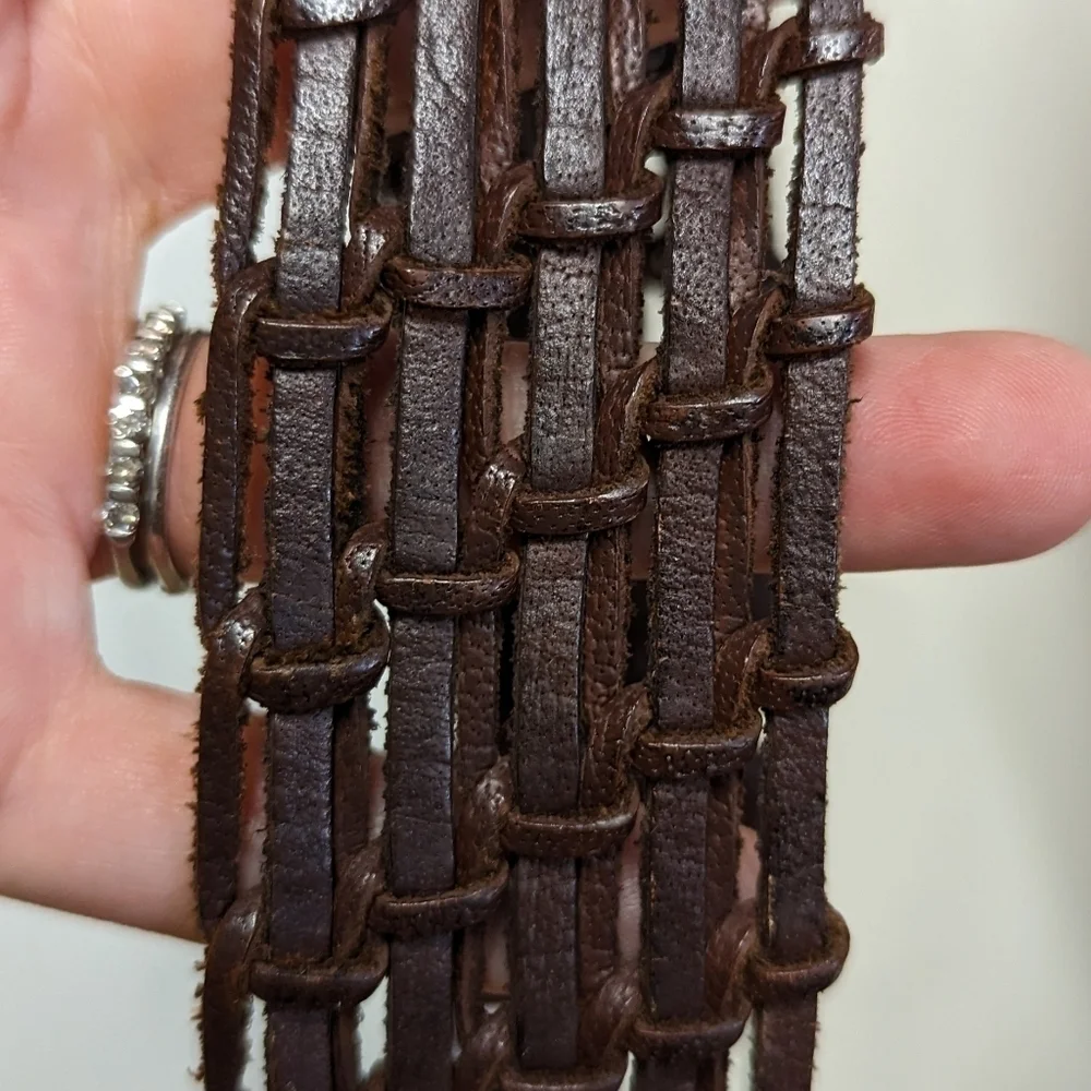Vintage Wide Braided Brown Leather Belt with Nickel Buckle L